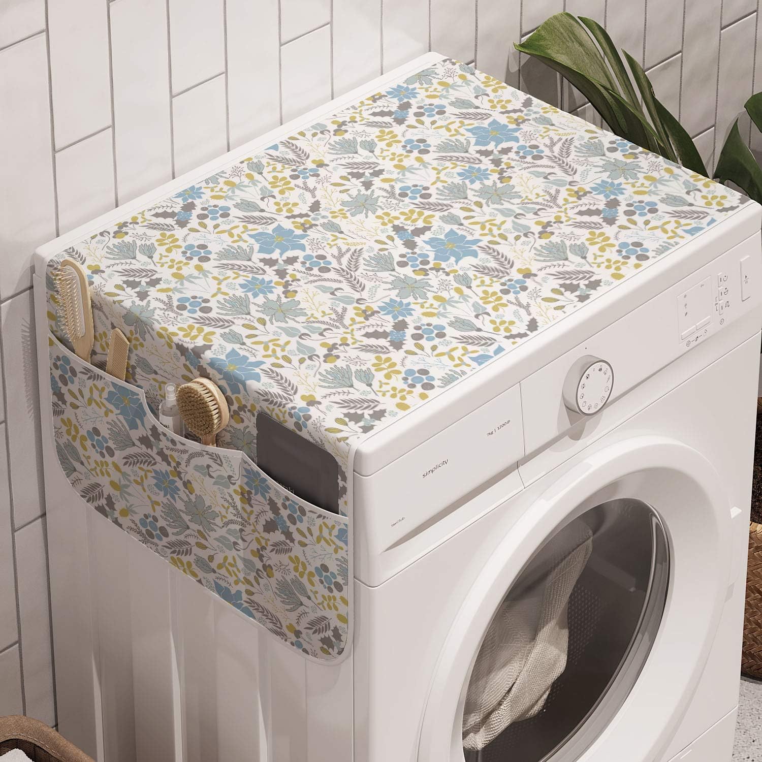 Ambesonne Botanik Çamaşır Makinesi Organizatörü, Kır Çiçekleri ve Meyveleri Dağınık, Çamaşır Kurutucu için Kaymaz Kumaş Üst Kapak, 47 x 18.5", Mavi Gri