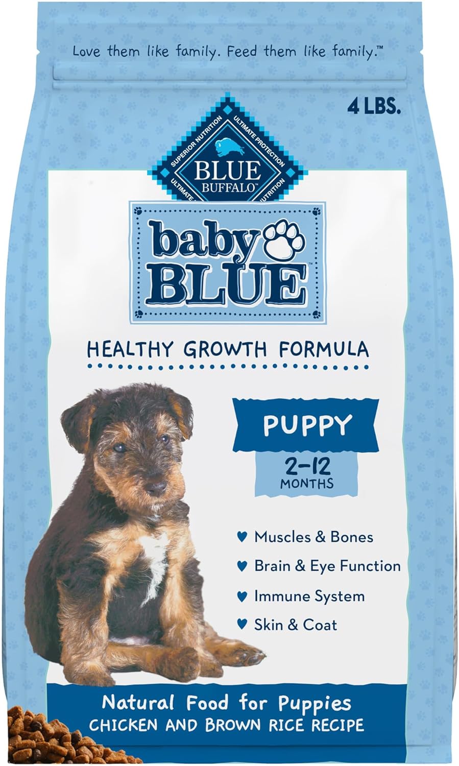 Alimento seco natural Baby BLUE de Blue Buffalo para cachorros, fórmula para un crecimiento saludable con DHA, sabrosa receta de pollo, 4 libras Bolsa