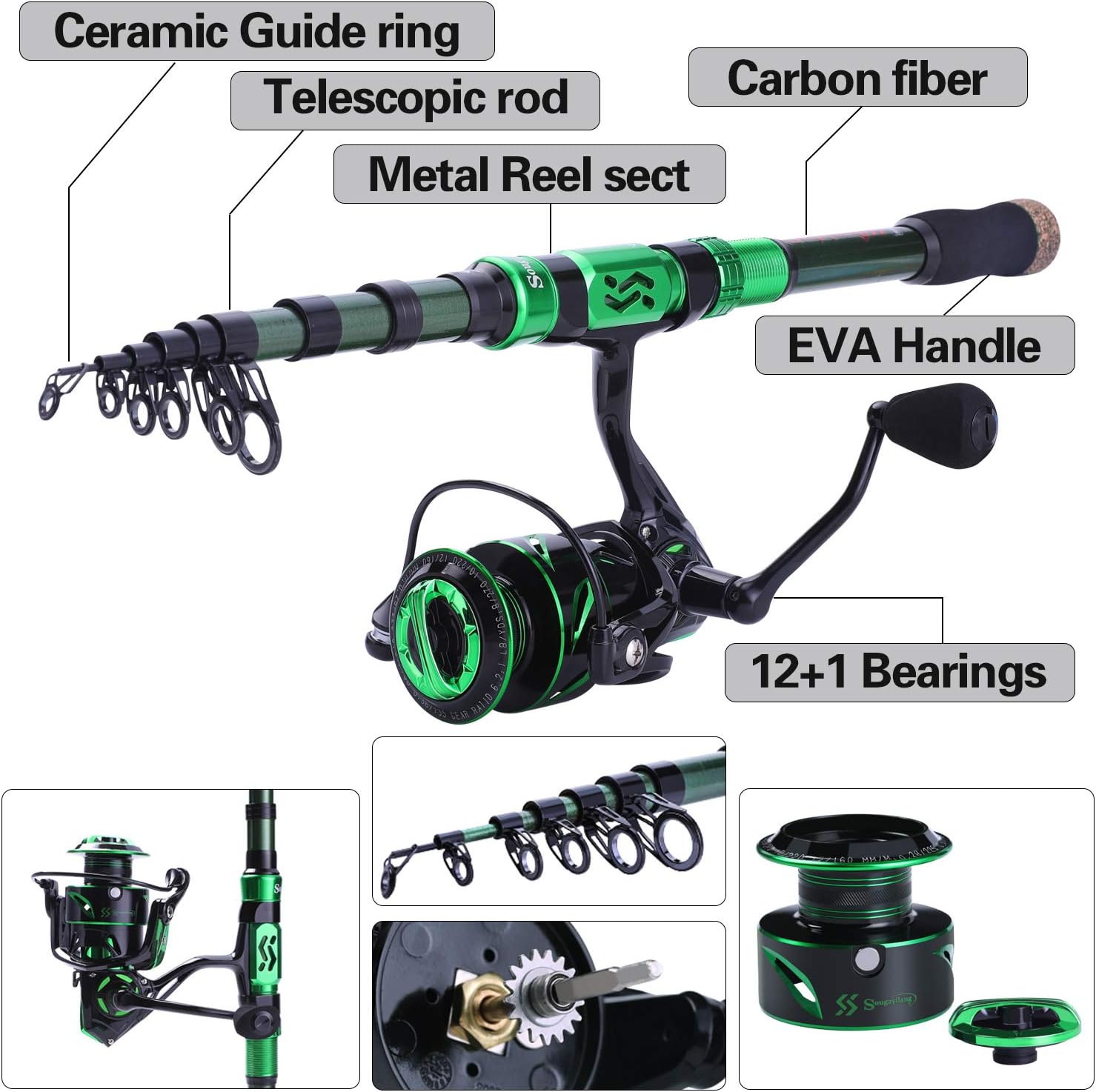 Sougayilang Fishing Rod and Reel Set Carbon Fiber Telescopic Fishing Rod 12 1BB Spinning Reel with Carry Case for Saltwater Freshwater · v2