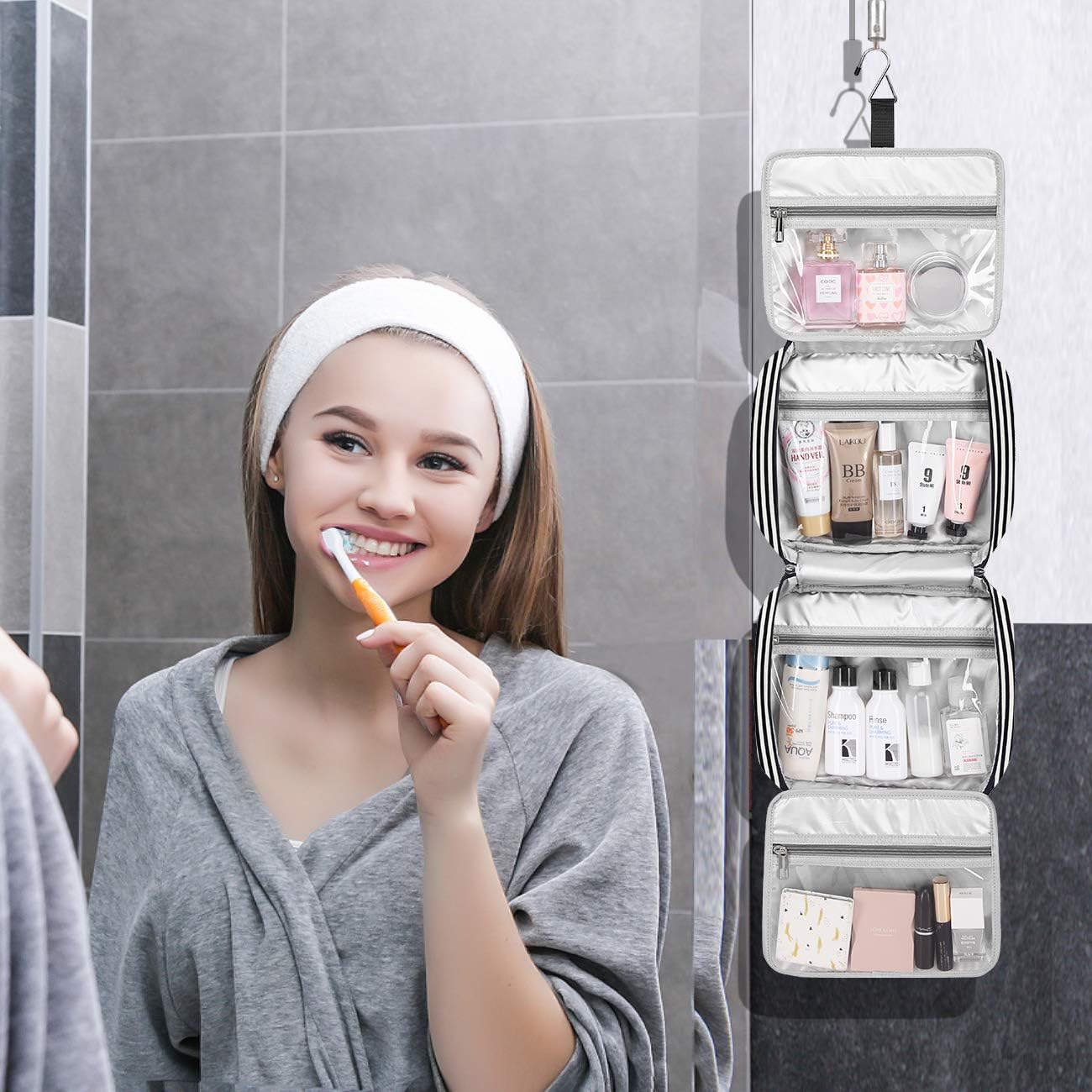 Borsa da toilette da viaggio da appendere, organizer da toilette da viaggio cosmetico di grande capacità per donna con 4 scomparti 1 gancio robusto, perfetto per viaggi/uso quotidiano/Natale