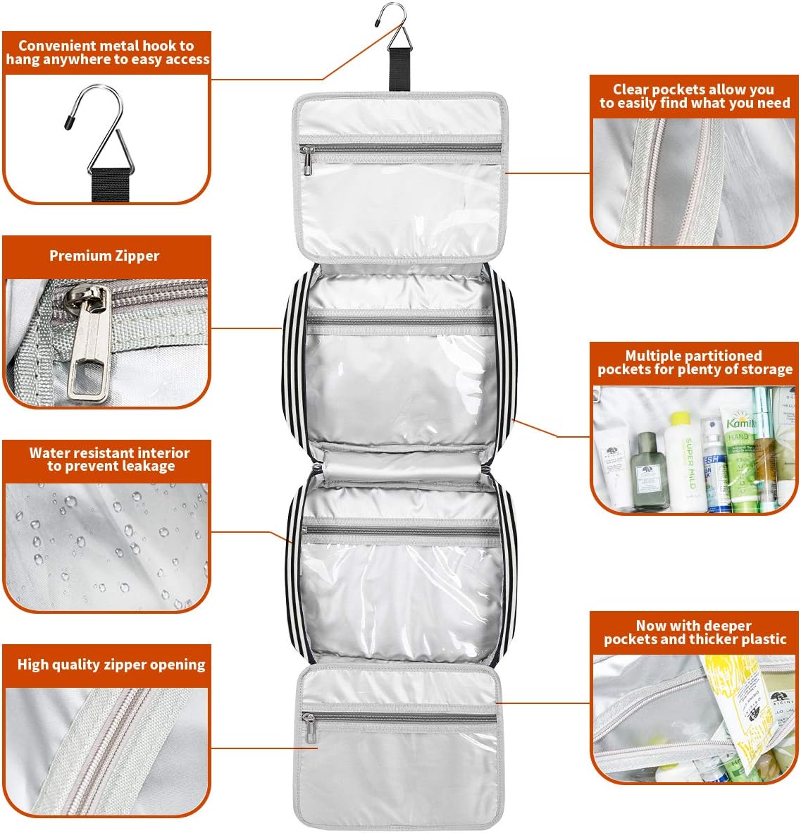 Borsa da toilette da viaggio da appendere, organizer da toilette da viaggio cosmetico di grande capacità per donna con 4 scomparti 1 gancio robusto, perfetto per viaggi/uso quotidiano/Natale