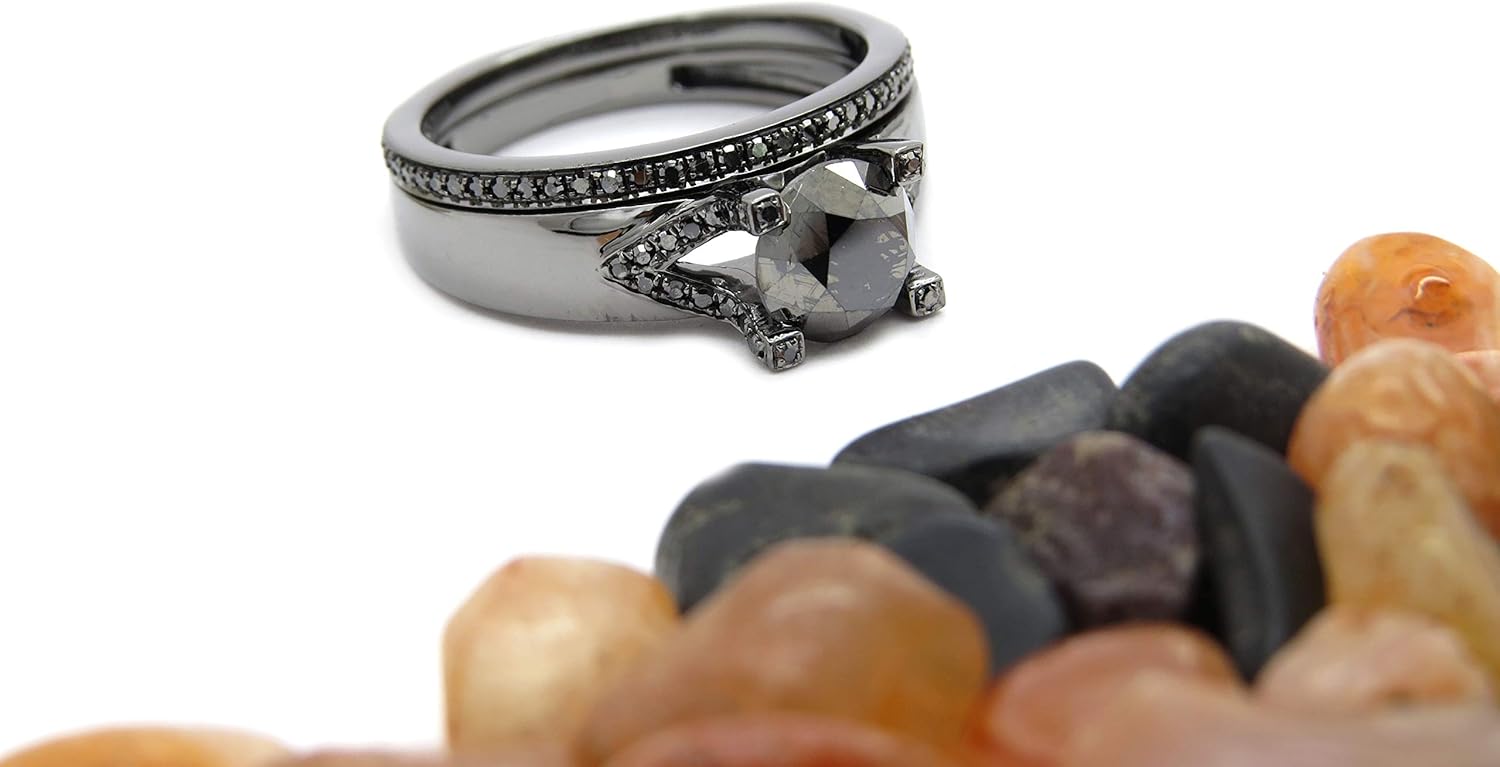 Dazzlingrock Collection Black Rhodium Plated Round Gemstone Ladies Bridal Engagement Ring Set, 18K White Gold · v4