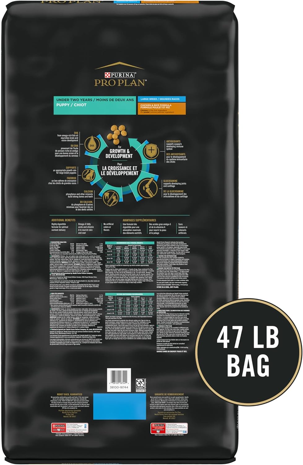 Nourriture sèche Purina Pro Plan pour chiots de grandes races, lait maternisé au poulet et au riz, sac de 47 livres