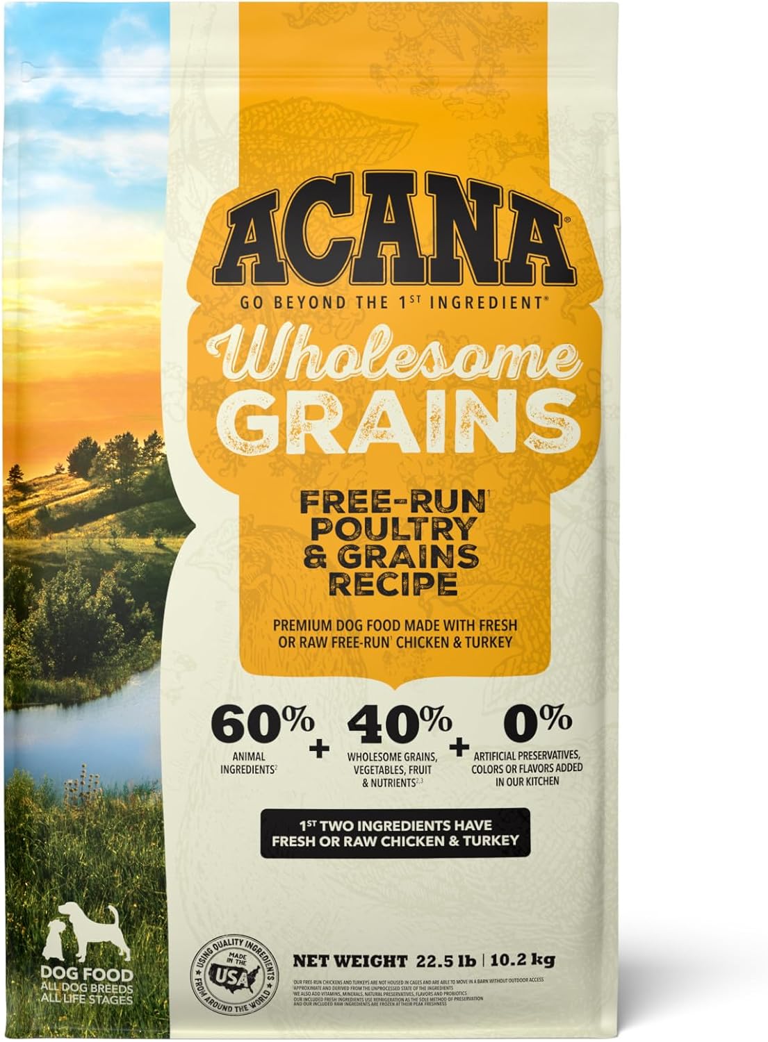 Nourriture sèche pour chiens ACANA Wholesome Grains, volaille élevée en liberté, véritable recette de nourriture pour chiens au poulet, à la dinde et aux œufs, 22,5 livres