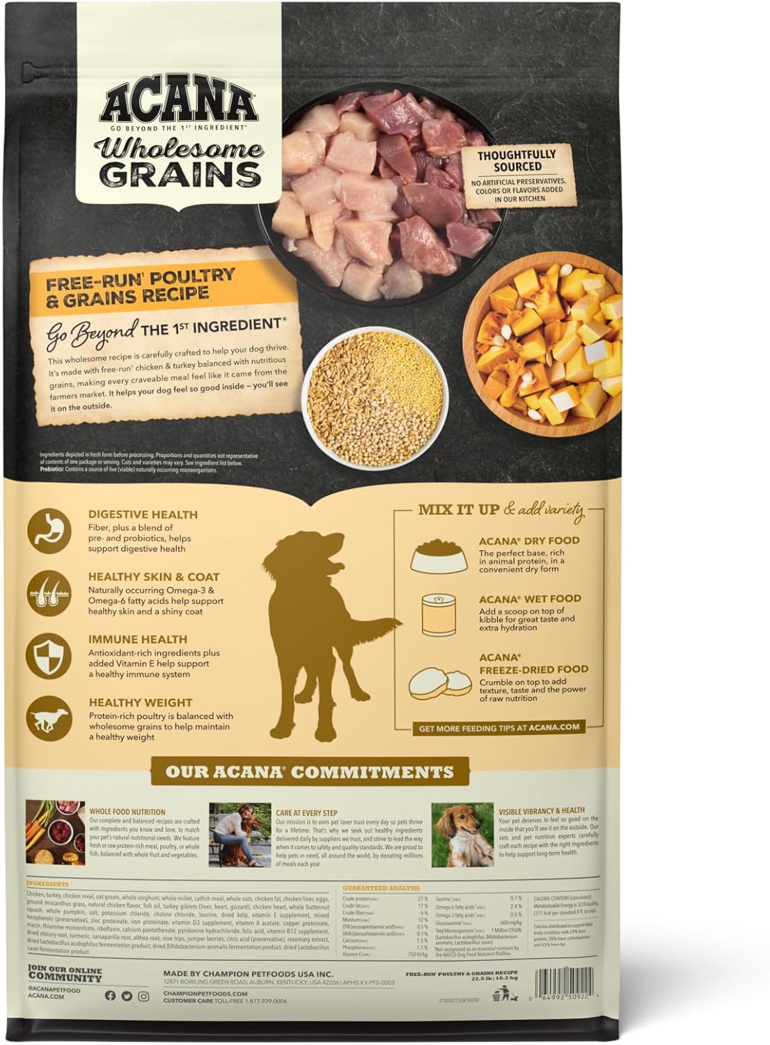 Nourriture sèche pour chiens ACANA Wholesome Grains, volaille élevée en liberté, véritable recette de nourriture pour chiens au poulet, à la dinde et aux œufs, 22,5 livres