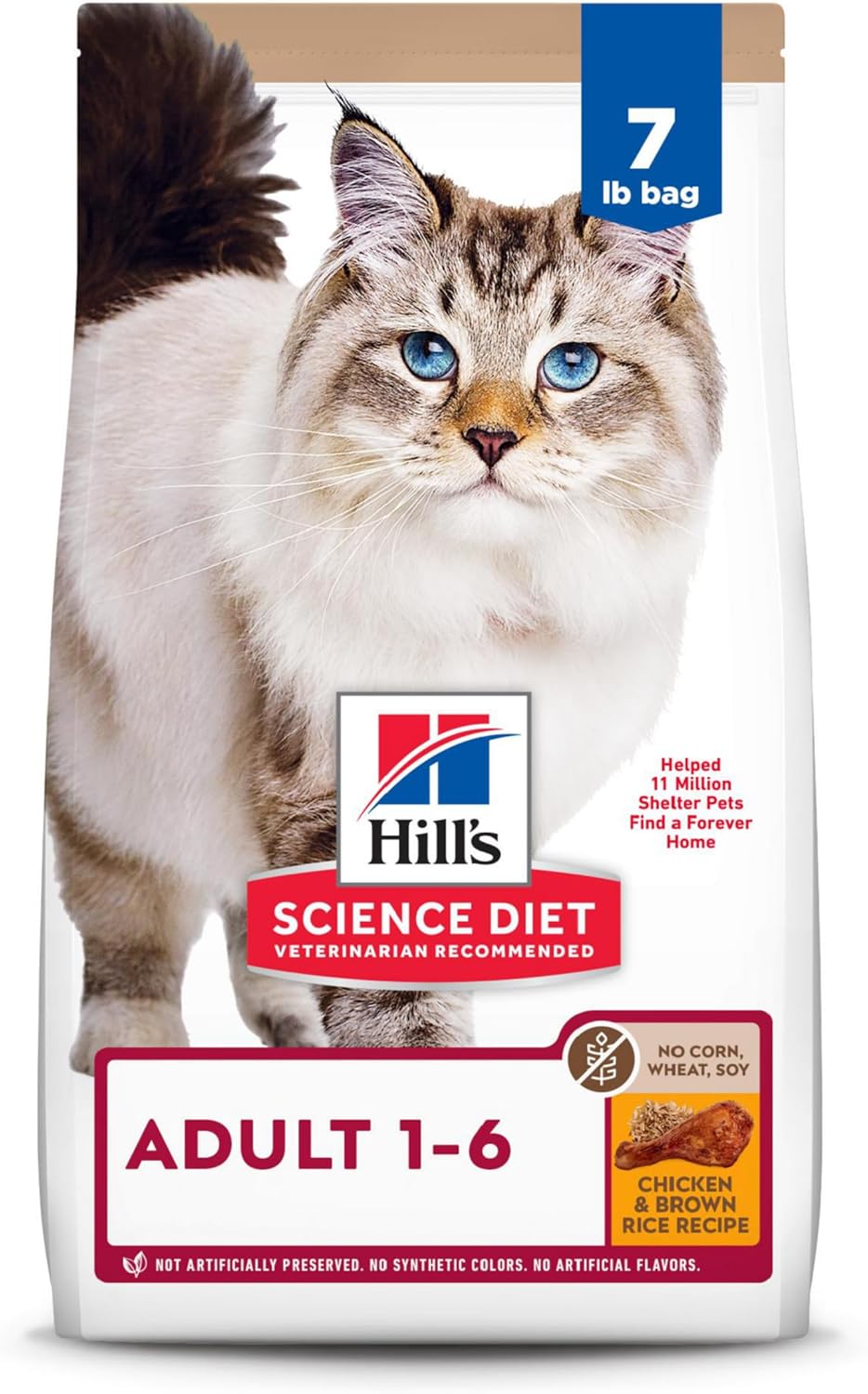 Hills Science Diet pour adultes de 1 à 6 ans, nourriture sèche pour chats de qualité supérieure, recette sans maïs, blé, soja, riz brun, poulet, riz brun, sac de 7 livres