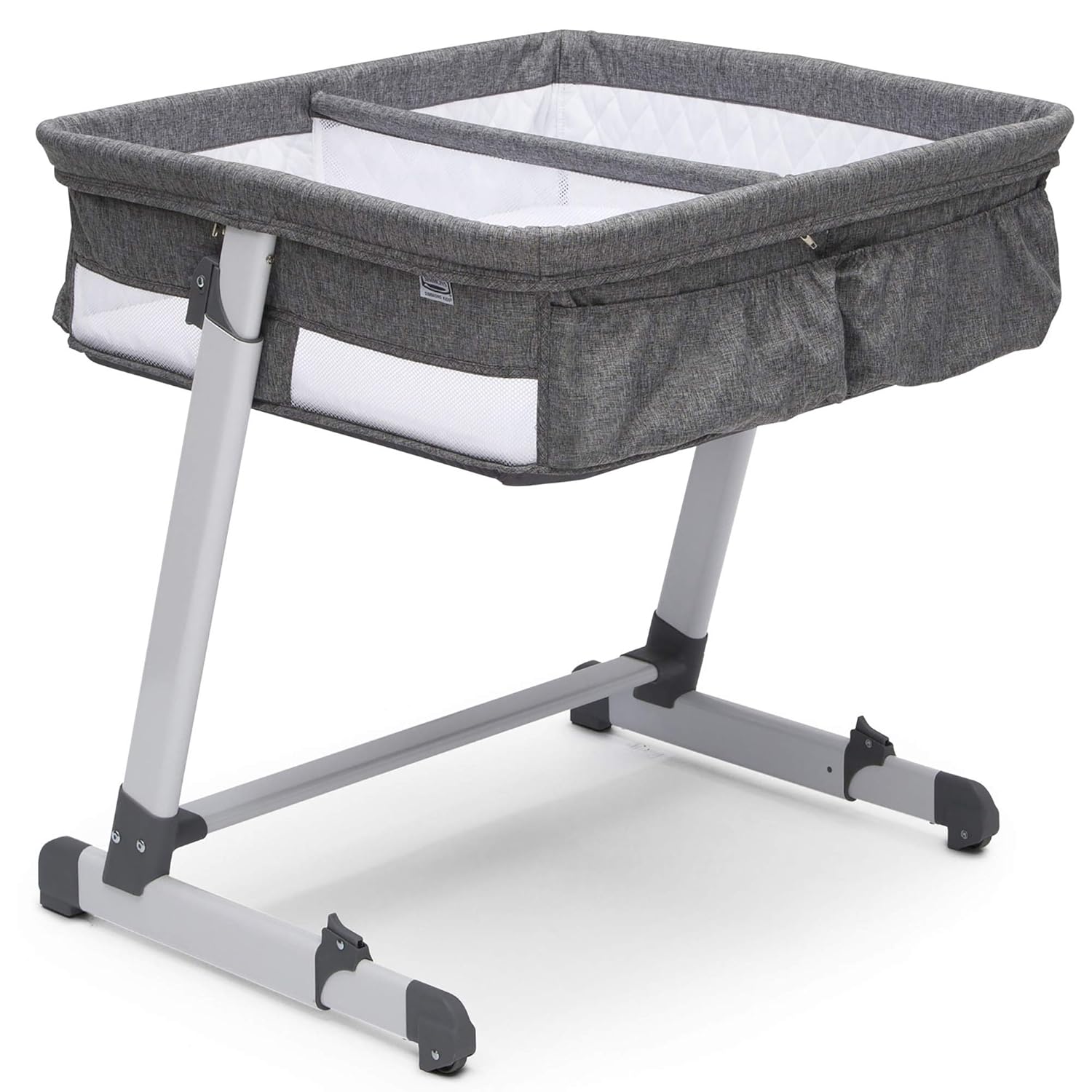 Simmons Kids By The Bed City Sleeper Bassinet for Twins - Adjustable Height Portable Crib with Wheels Airflow Mesh, Grey Tweed