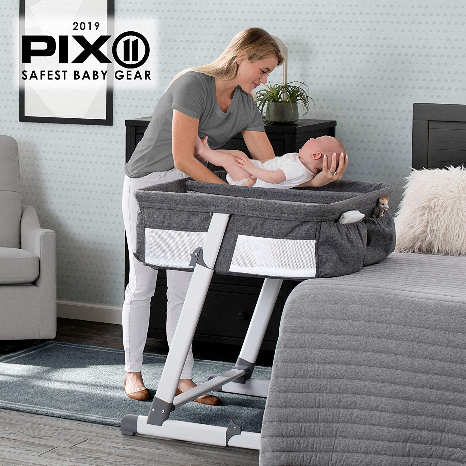 Simmons Kids By The Bed City Sleeper Bassinet for Twins - Adjustable Height Portable Crib with Wheels  Airflow Mesh, Grey Tweed · v2