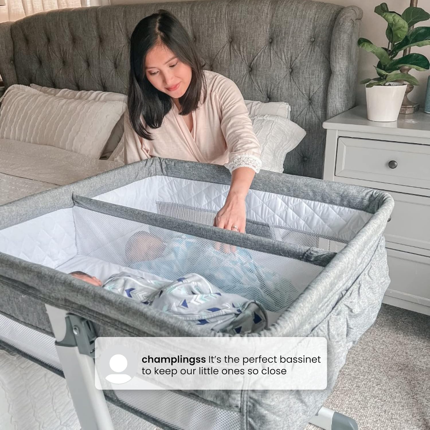 Simmons Kids By The Bed City Sleeper Bassinet for Twins - Adjustable Height Portable Crib with Wheels  Airflow Mesh, Grey Tweed · v2