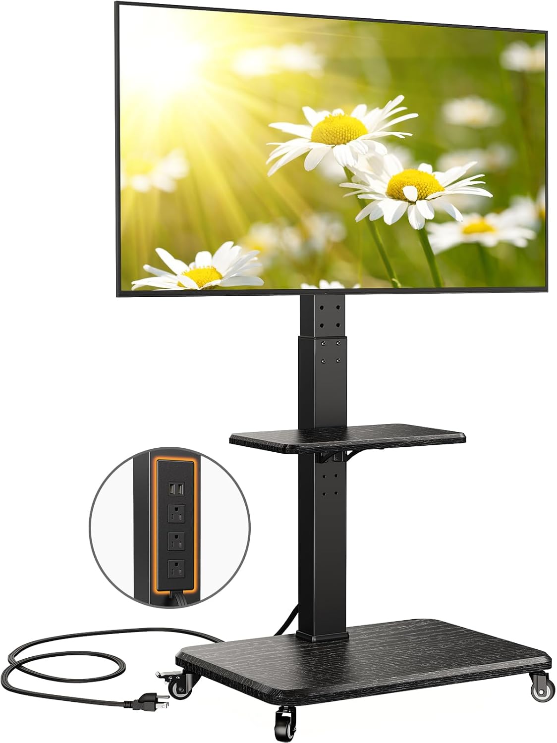 Perlegear Mobile TV Stand with Power Outlet, Tilt  Swivel Rolling TV Cart for 32 to 65 70 75 inch TVs up to 110 lbs, Height Adjustable Rolling TV Stand with Wheels, Max VESA 600x400mm, PGTVMC17