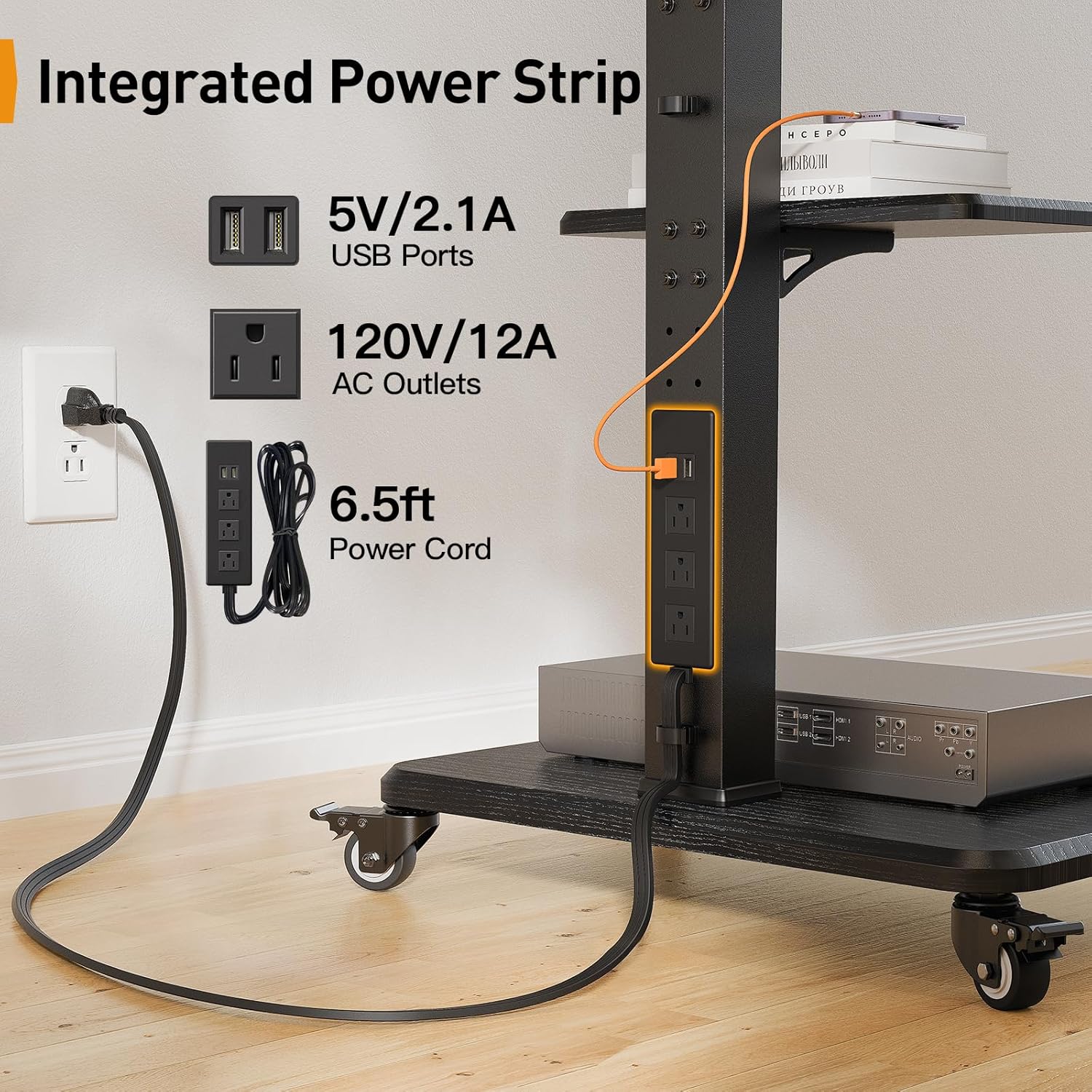 Perlegear Mobile TV Stand with Power Outlet, Tilt  Swivel Rolling TV Cart for 32 to 65 70 75 inch TVs up to 110 lbs, Height Adjustable Rolling TV Stand with Wheels, Max VESA 600x400mm, PGTVMC17 · v10