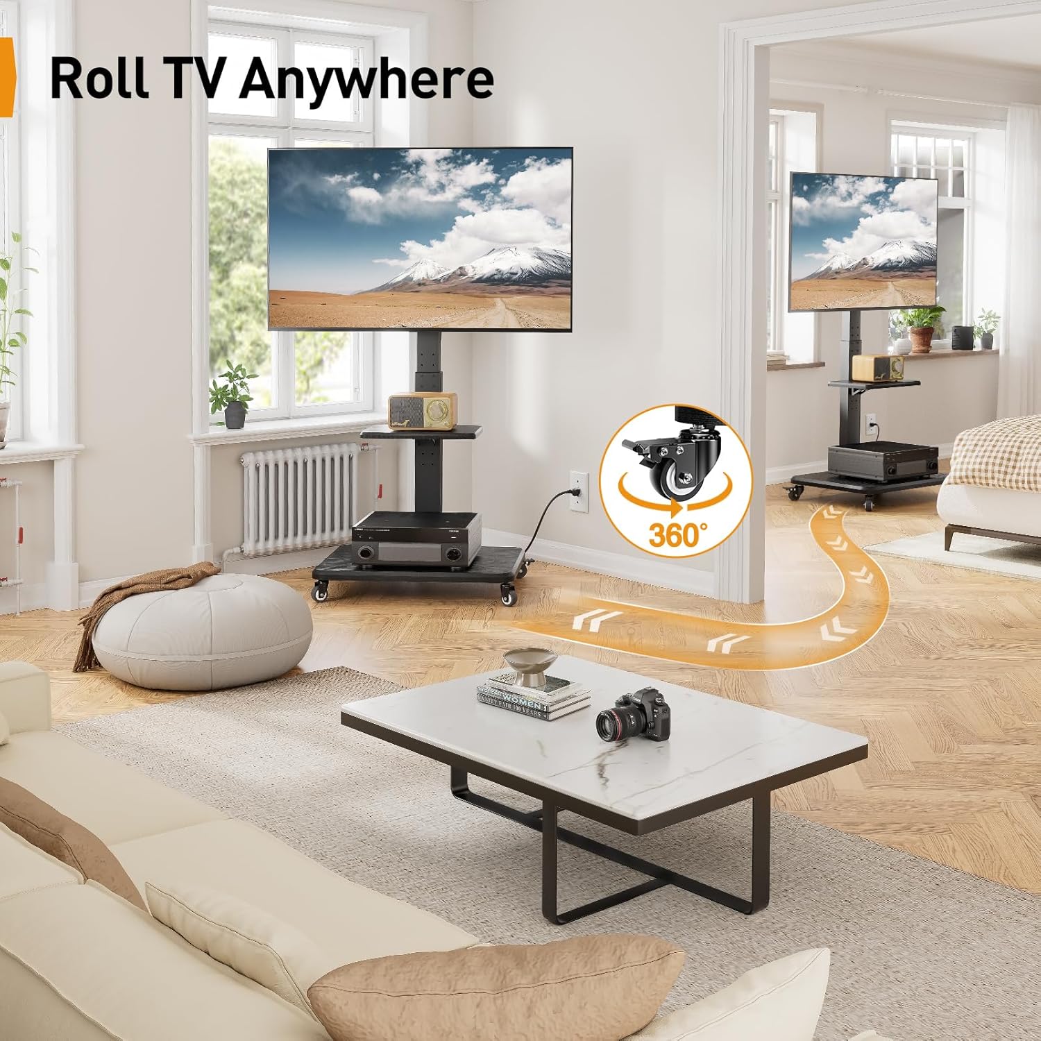 Perlegear Mobile TV Stand with Power Outlet, Tilt  Swivel Rolling TV Cart for 32 to 65 70 75 inch TVs up to 110 lbs, Height Adjustable Rolling TV Stand with Wheels, Max VESA 600x400mm, PGTVMC17 · v10
