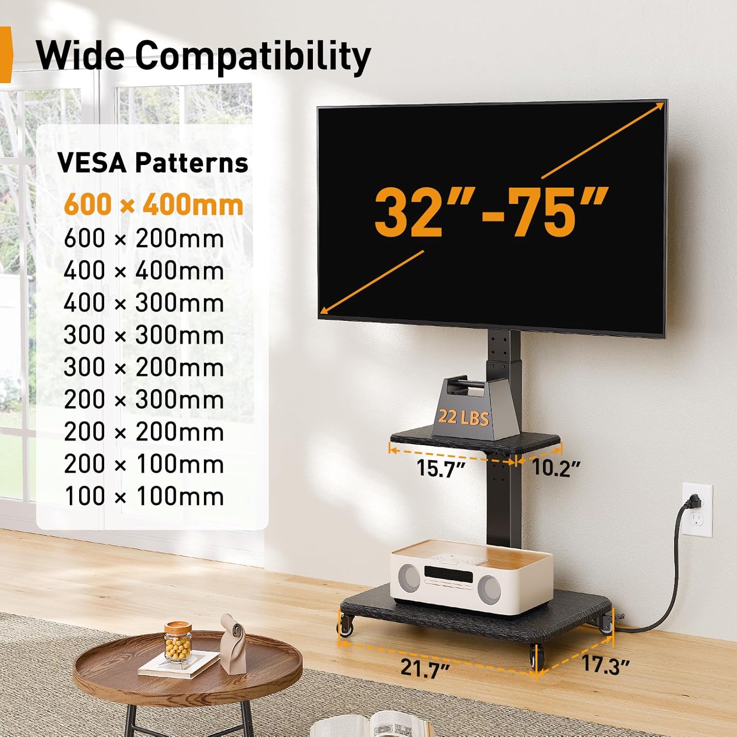 Perlegear Mobile TV Stand with Power Outlet, Tilt  Swivel Rolling TV Cart for 32 to 65 70 75 inch TVs up to 110 lbs, Height Adjustable Rolling TV Stand with Wheels, Max VESA 600x400mm, PGTVMC17 · v10