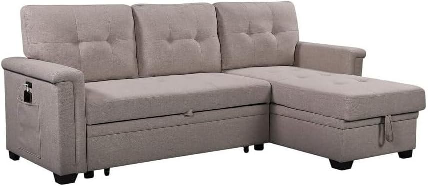 Lilola Home Ashlyn Light Gray Reversible Sleeper Sectional Sofa with Storage Chaise, USB 충전 포트 및 포켓