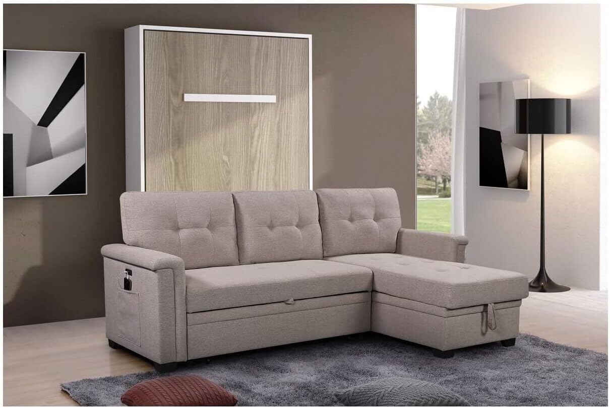 Lilola Home Ashlyn Light Gray Reversible Sleeper Sectional Sofa with Storage Chaise, USB Charging Ports and Pocket · v2