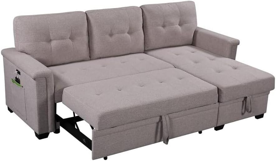 Lilola Home Ashlyn Light Gray Reversible Sleeper Sectional Sofa with Storage Chaise, USB Charging Ports and Pocket · v2