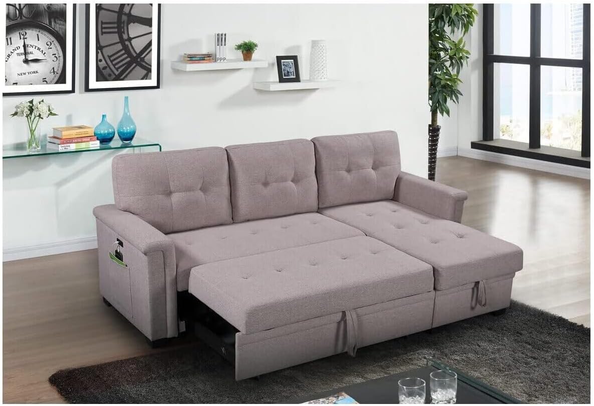 Lilola Home Ashlyn Light Gray Reversible Sleeper Sectional Sofa with Storage Chaise, USB Charging Ports and Pocket · v2