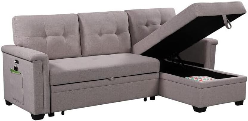 Lilola Home Ashlyn Light Gray Reversible Sleeper Sectional Sofa with Storage Chaise, USB Charging Ports and Pocket · v2