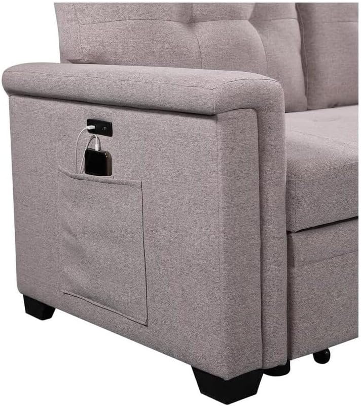 Lilola Home Ashlyn Light Gray Reversible Sleeper Sectional Sofa with Storage Chaise, USB Charging Ports and Pocket · v2
