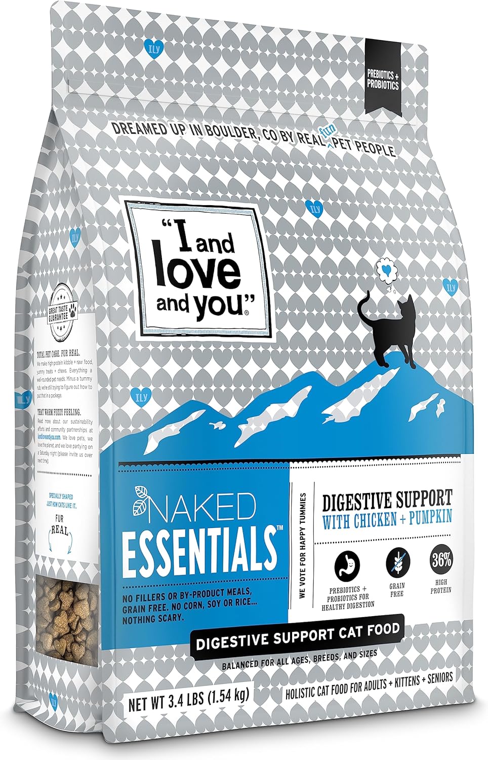 Nourriture sèche pour chats I and love and you Naked Essentials - Poulet et potiron pour faciliter la digestion - Sans céréales, vraie viande, prébiotiques et probiotiques, sac de 3,4 livres