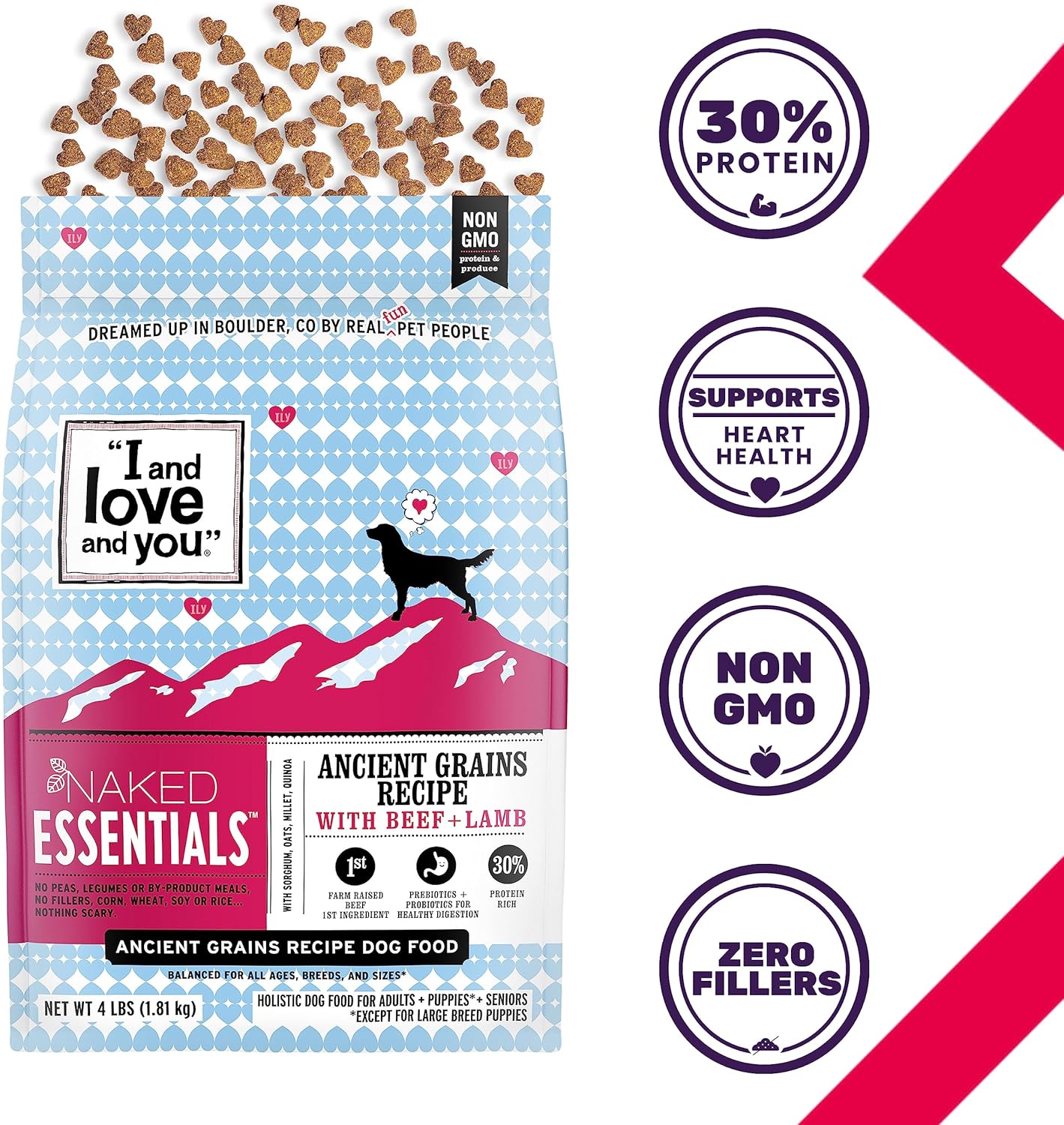 Pienso seco para perros I and love and you Naked Essentials Ancient Grains, carne de cordero, rico en proteínas, carne de verdad, sin rellenos, bolsa de 4 libras