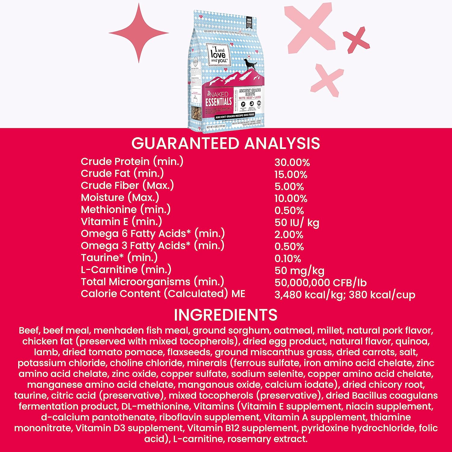 Pienso seco para perros I and love and you Naked Essentials Ancient Grains, carne de cordero, rico en proteínas, carne de verdad, sin rellenos, bolsa de 4 libras