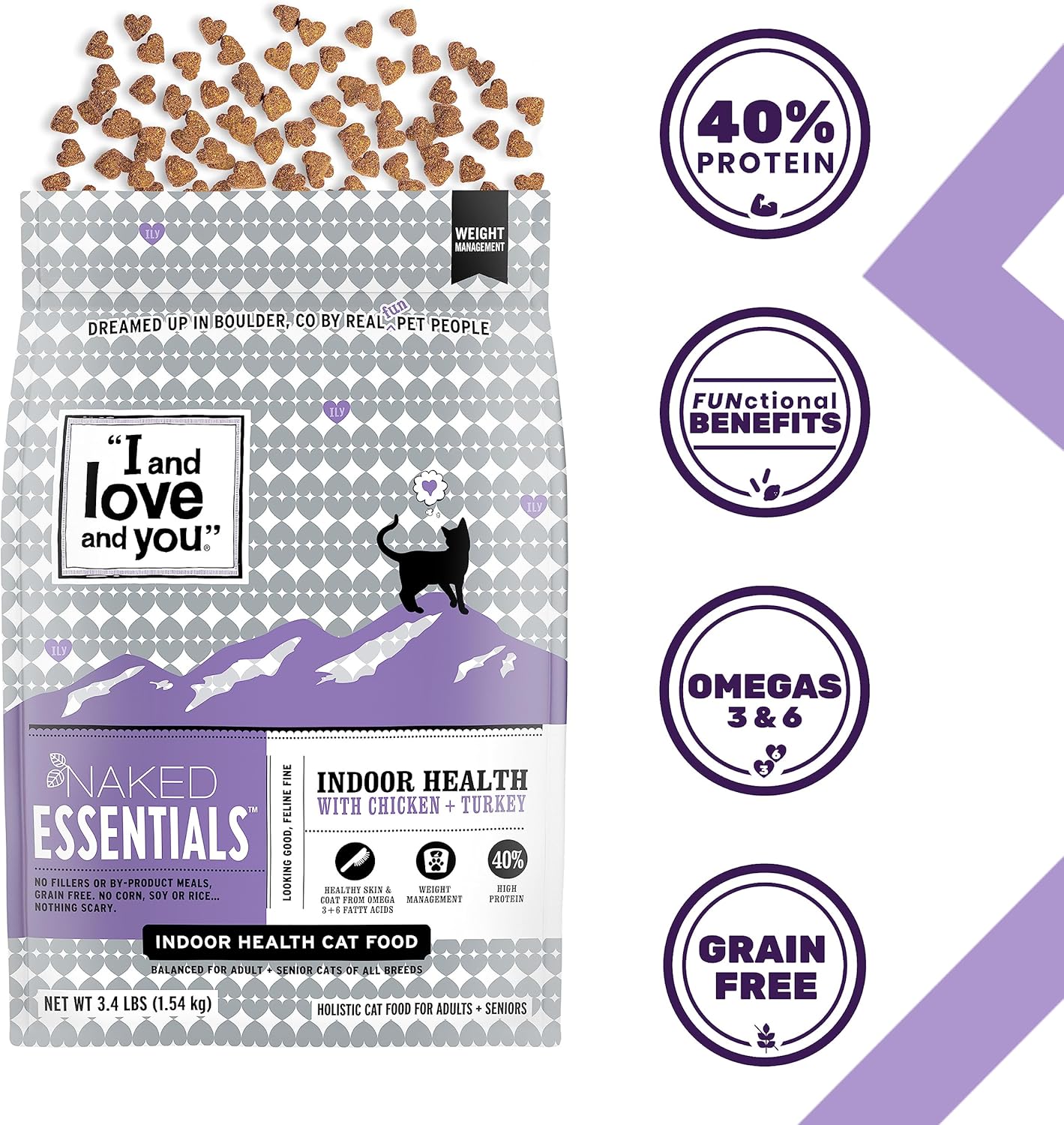 Cibo secco per gatti I and love and you Naked Essentials - Chicken Turkey for Indoor Health - Senza cereali, carne vera, senza riempitivi, sacchetto da 3,4 libbre