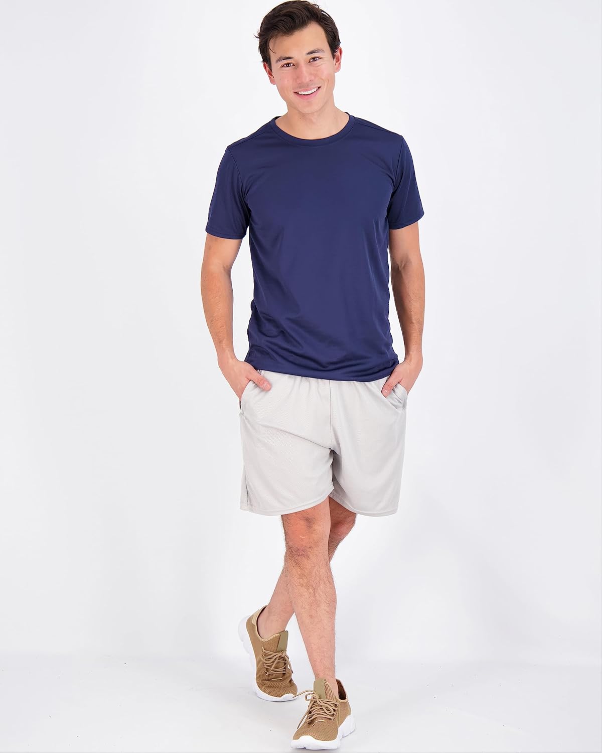 เสื้อยืดคอกลมผ้าตาข่ายแห้งเร็วสำหรับผู้ชาย Real Essentials 5 ชิ้น | เสื้อยืดแขนสั้นสำหรับนักกีฬา (มีไซส์ใหญ่)