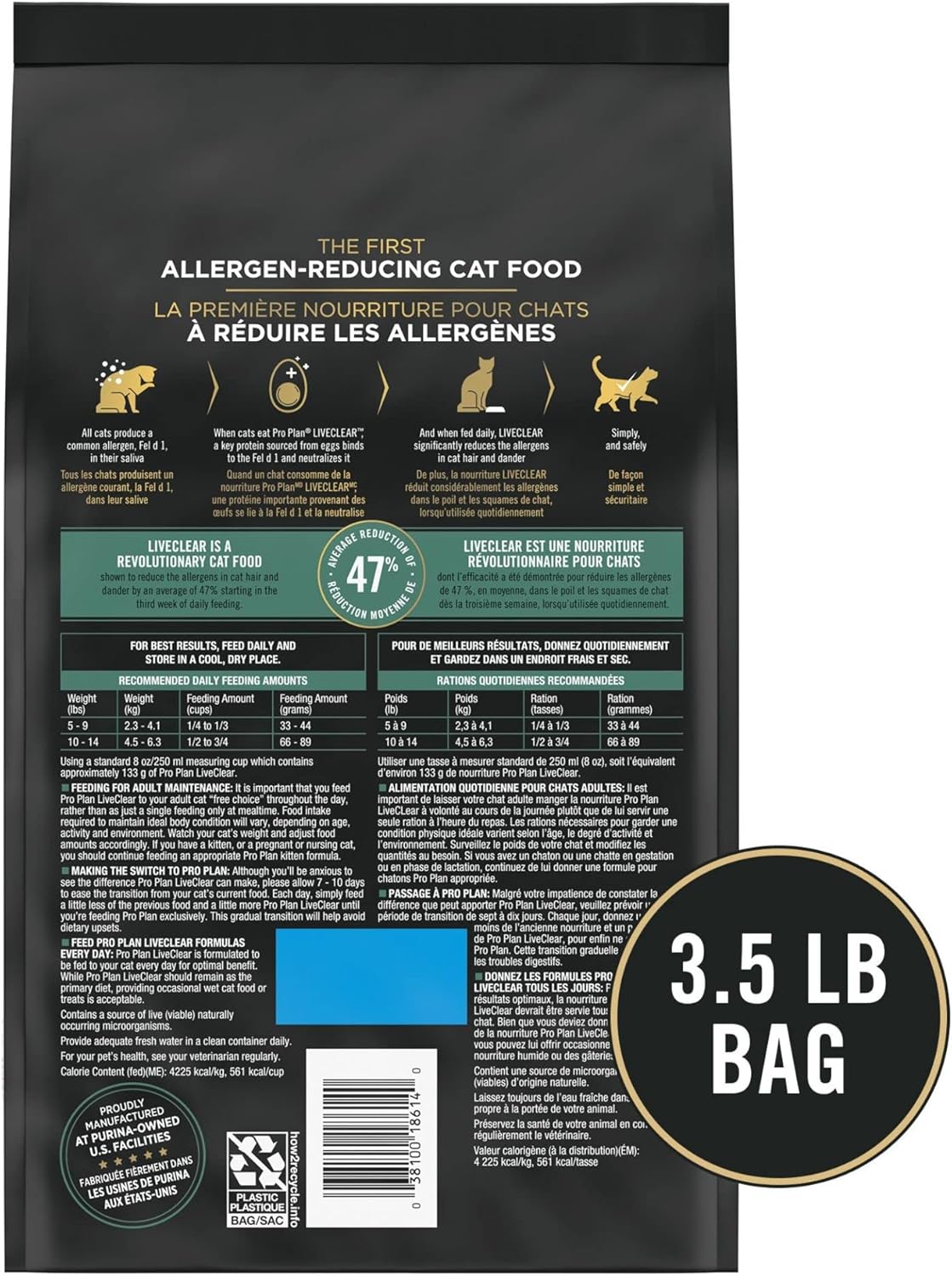Nourriture pour chats Purina Pro Plan à teneur élevée en protéines et à teneur élevée en allergènes, formule LIVECLEAR pour saumon et riz, sac de 3,5 livres