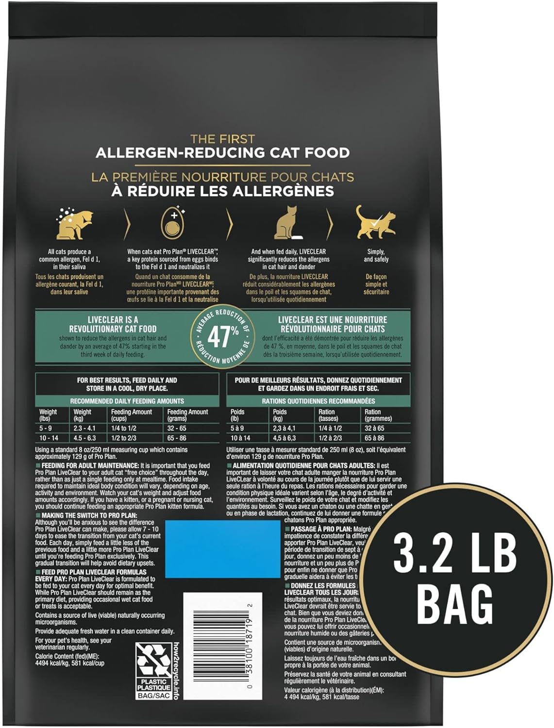 Nourriture pour chats Purina Pro Plan à teneur élevée en protéines et à teneur élevée en allergènes, formule LIVECLEAR pour dinde et flocons d'avoine, sac de 3,2 livres