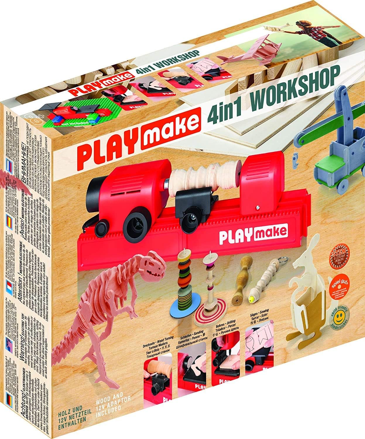 PLAYMAKE 4 in 1, laboratorio di legno sicuro per i bambini | L'unico puzzle funzionante adatto ai bambini al mondo | Taglia il legno tenero senza rischio di lesioni | Base sicura su qualsiasi piastra da costruzione | Prodotto in Europa |