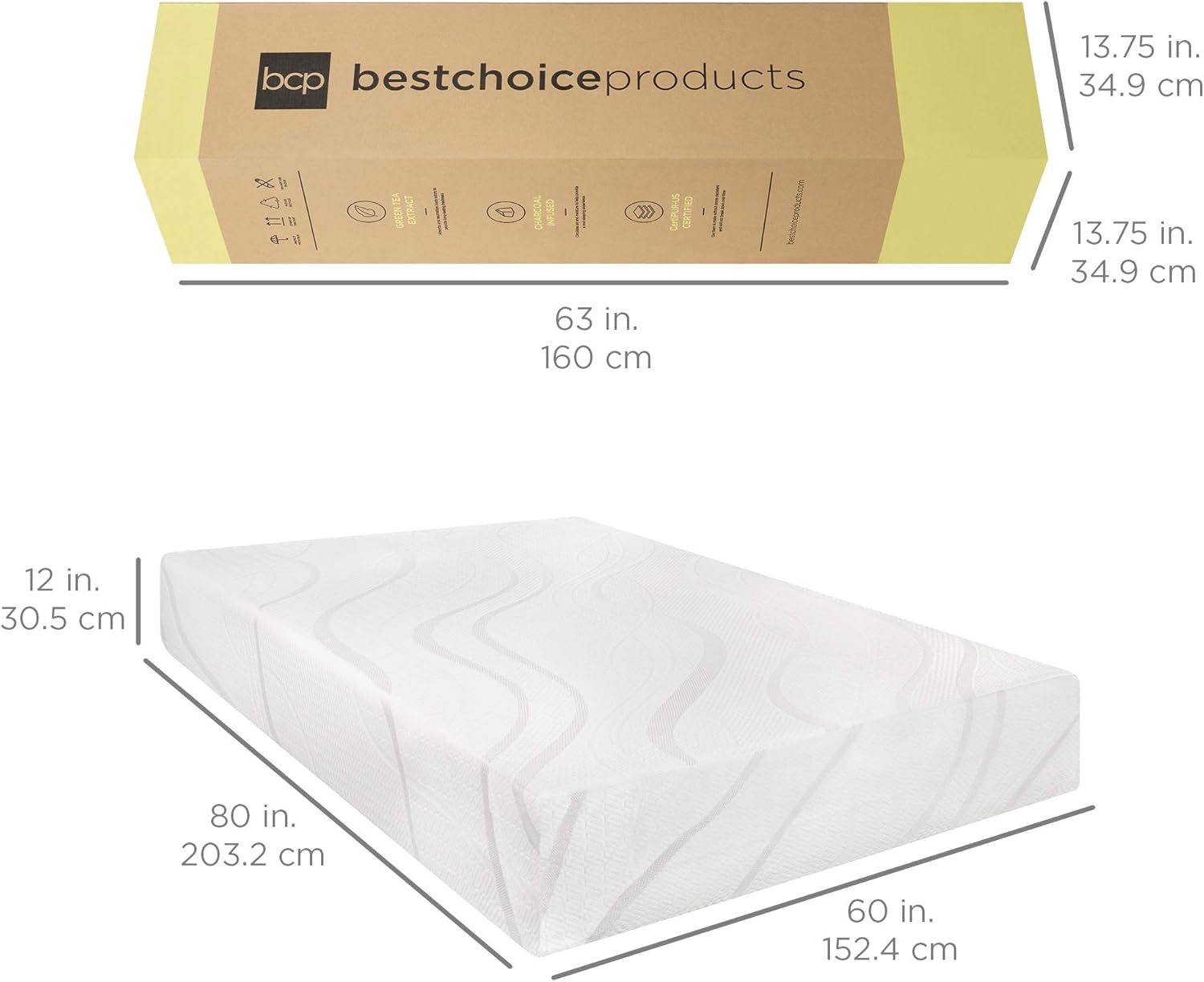 Sản phẩm Best Choice 12 inch, than trà xanh 12 inch, nệm mút hoạt tính làm mát than trà xanh, không sợi thủy tinh, 3 lớp, thoáng khí - cỡ Queen, sang trọng vừa