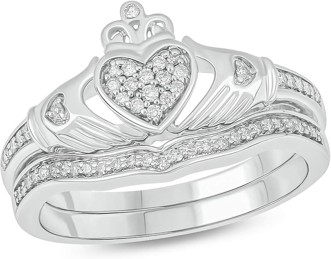 แหวนแต่งงาน Claddagh เงินสเตอร์ลิง 925 สำหรับผู้หญิง แหวนเพชรสีขาว 1/5 กะรัต เน้นความรัก มิตรภาพ และความภักดี พร้อมวงแหวนแต่งงานเพชรที่เข้าชุดกันสำหรับผู้หญิง เงินสเตอร์ลิง 925