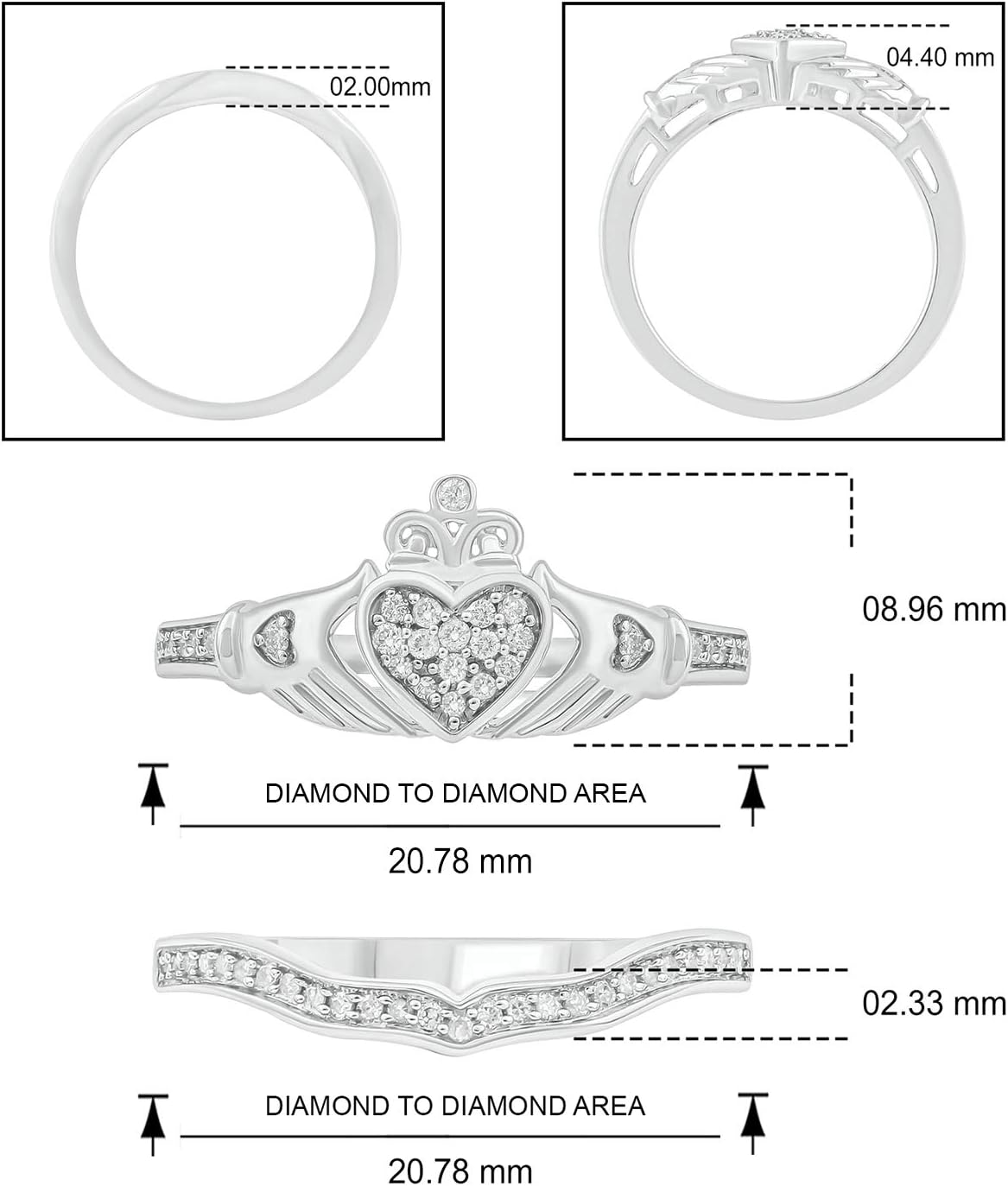 Kadınlar için 925 Ayar Gümüş Claddagh Alyans Seti, 925 Ayar Gümüş Kadınlar için Eşleşen Pırlanta Alyanslı 1/5ct Beyaz Pırlanta Vurgulu Aşk, Dostluk ve Sadakat Yüzüğü