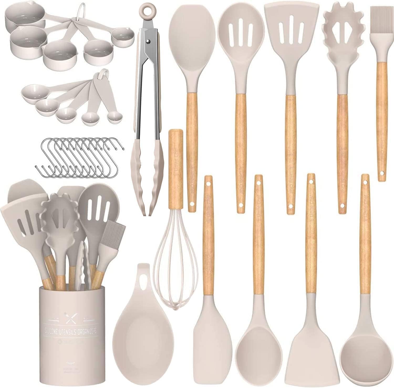 Umite Chef Mutfak Mutfak Gereçleri Seti, 33 adet Yapışmaz Silikon Pişirme Mutfak Gereçleri Spatula Seti Tutuculu, Ahşap Saplı Silikon Mutfak Aletleri Gereç Seti (Haki)