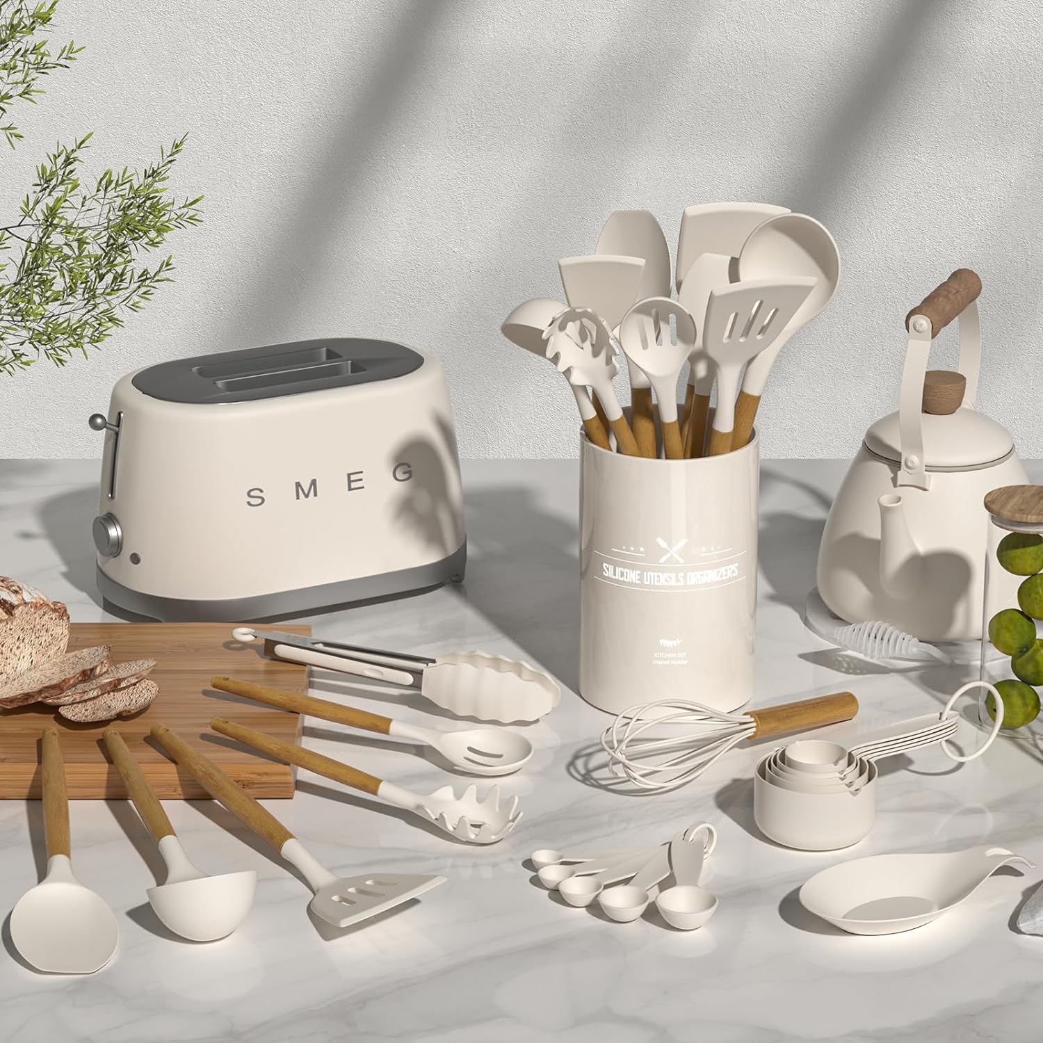 Umite Chef Kitchen Cooking Utensils Set, 33 pcs Non-Stick Silicone Cooking Kitchen Utensils Spatula Set with Holder, Wooden Handle Silicone Kitchen Gadgets Utensil Set (Khaki) · v3
