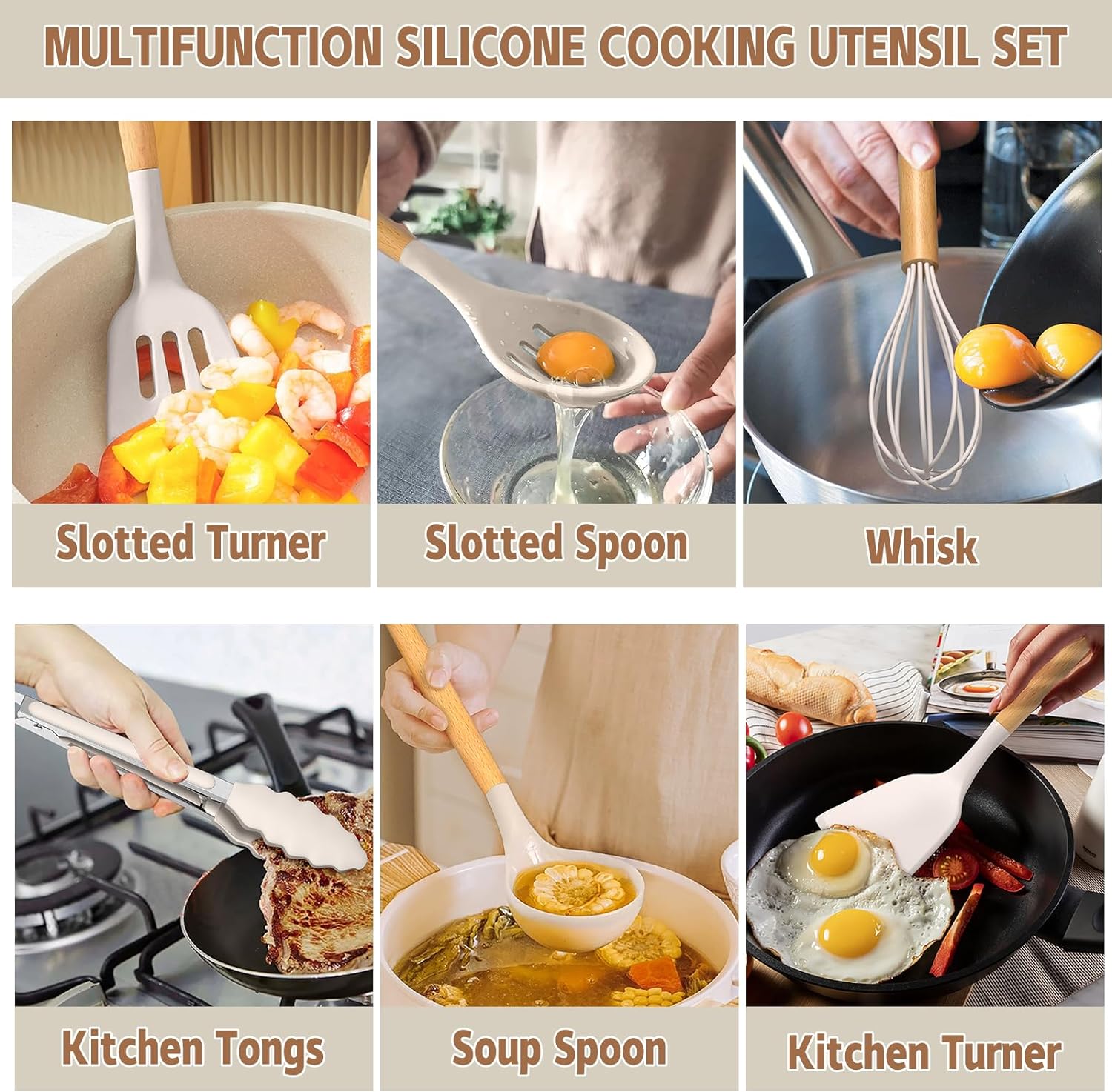 Umite Chef Kitchen Cooking Utensils Set, 33 pcs Non-Stick Silicone Cooking Kitchen Utensils Spatula Set with Holder, Wooden Handle Silicone Kitchen Gadgets Utensil Set (Khaki) · v3