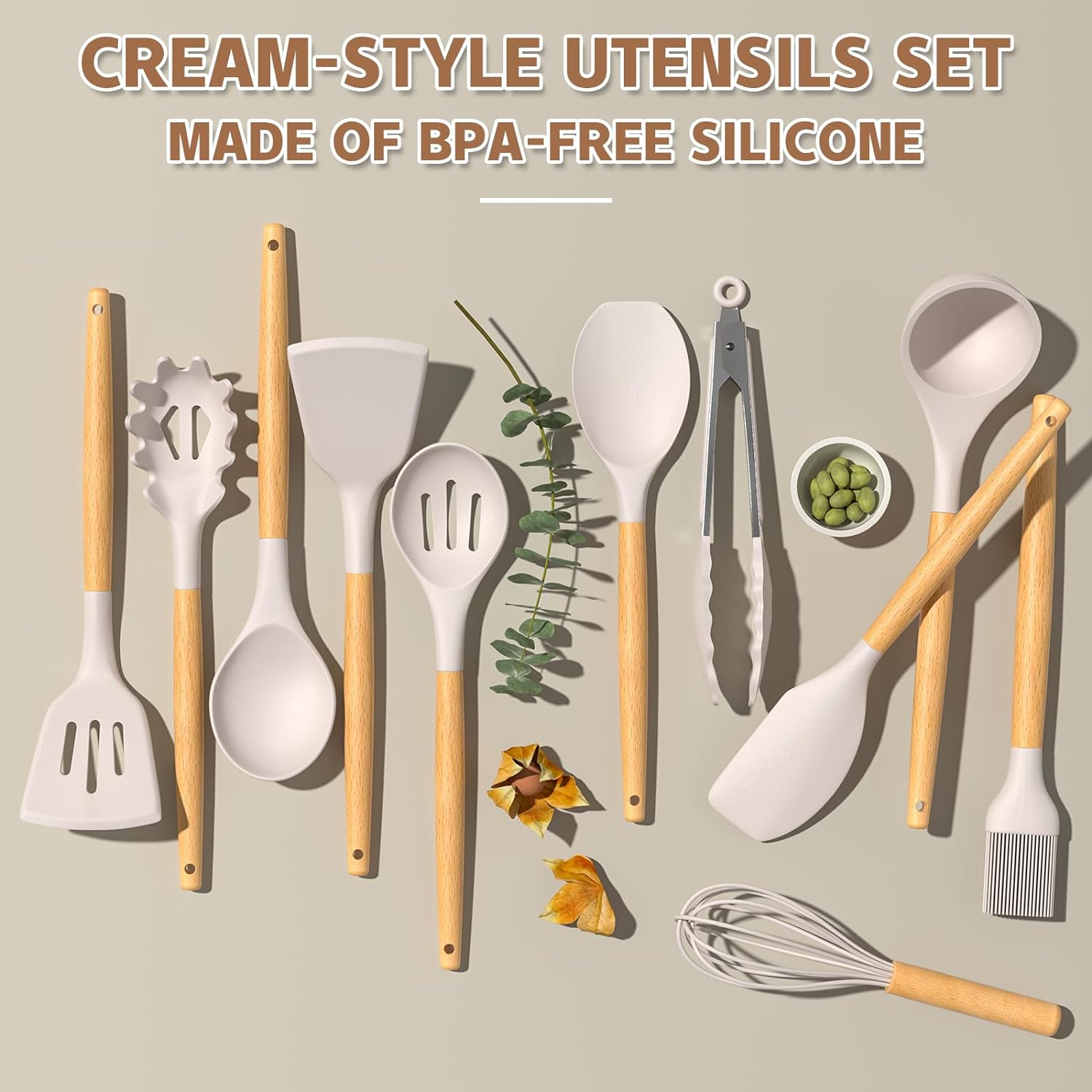 Umite Chef Kitchen Cooking Utensils Set, 33 pcs Non-Stick Silicone Cooking Kitchen Utensils Spatula Set with Holder, Wooden Handle Silicone Kitchen Gadgets Utensil Set (Khaki) · v3