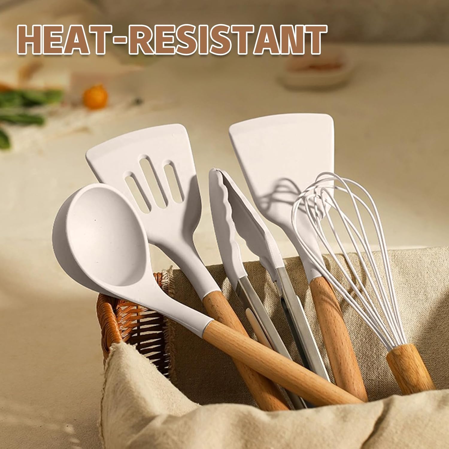 Umite Chef Kitchen Cooking Utensils Set, 33 pcs Non-Stick Silicone Cooking Kitchen Utensils Spatula Set with Holder, Wooden Handle Silicone Kitchen Gadgets Utensil Set (Khaki) · v3
