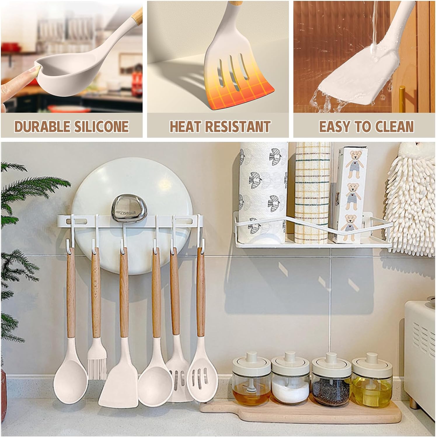 Umite Chef Kitchen Cooking Utensils Set, 33 pcs Non-Stick Silicone Cooking Kitchen Utensils Spatula Set with Holder, Wooden Handle Silicone Kitchen Gadgets Utensil Set (Khaki) · v3