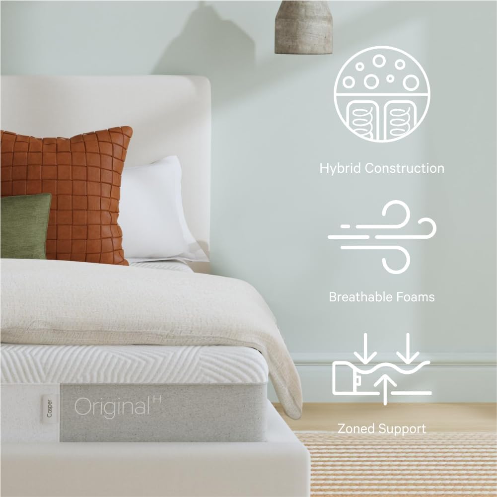 Casper Sleep Orijinal Köpük Hibrid Yatak, Kraliçe Boy - Bölgeli Destekli Orta Sert Bellek KöpüğüTM - 100 Gece Deneme - 10 Yıl Garanti - CertiPUR-US Yatak, Açık Gri