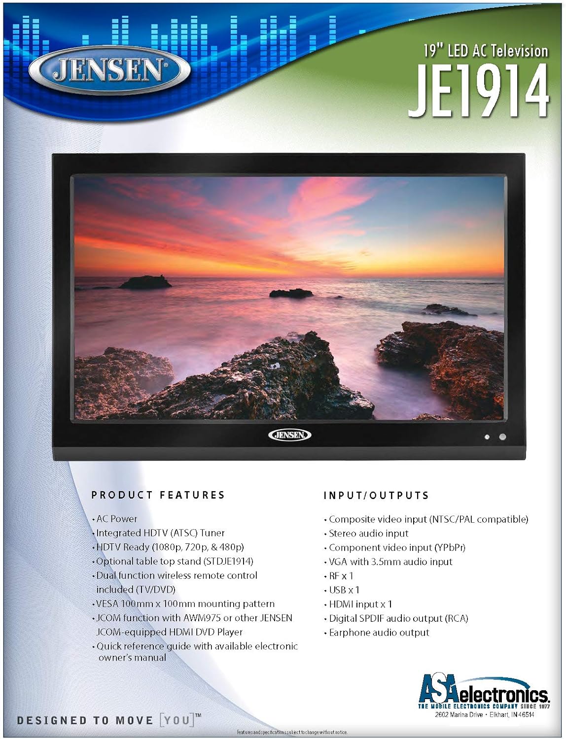 Jensen JE1914 19 LED AC Televizyon, Beyaz LED Aydınlatma, Yüksek Performanslı Geniş 16:9 LCD Panel, 1366x768 Çözünürlük, 16.7 Milyon Renk, Entegre HDTV (ASTC) Tuner, VESA 100mm x 100mm (Yenilenmiş)