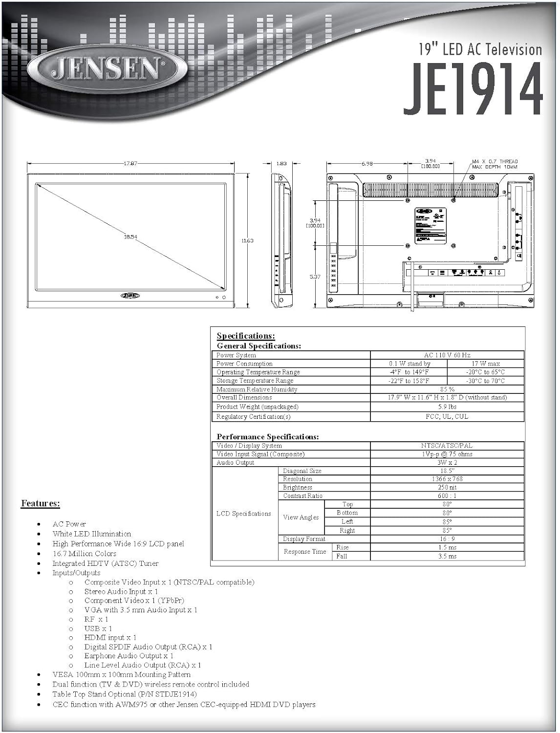 Jensen JE1914 19 LED AC Televizyon, Beyaz LED Aydınlatma, Yüksek Performanslı Geniş 16:9 LCD Panel, 1366x768 Çözünürlük, 16.7 Milyon Renk, Entegre HDTV (ASTC) Tuner, VESA 100mm x 100mm (Yenilenmiş)