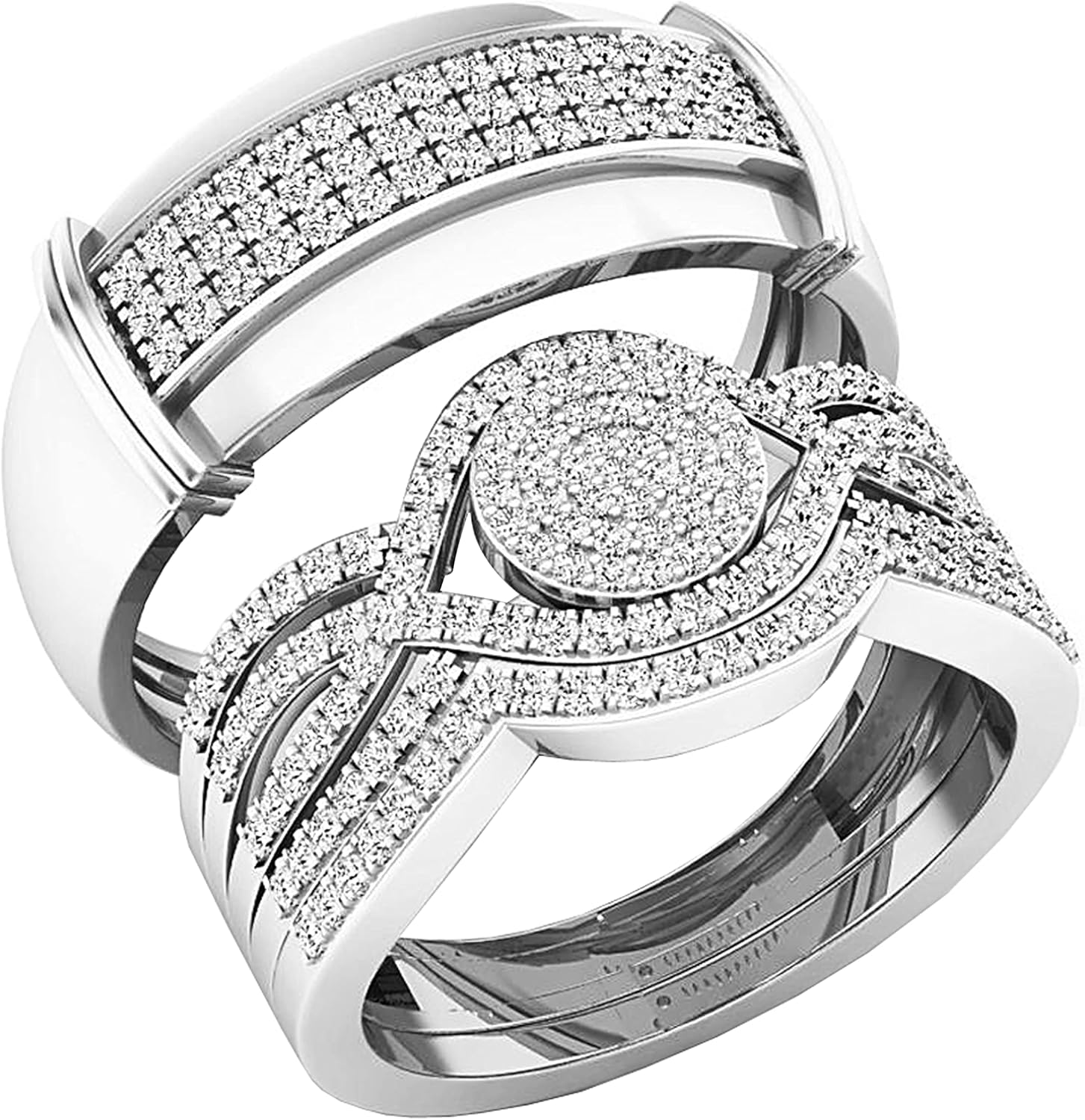 Collezione Dazzlingrock, set di anelli nuziali da tre, con diamanti bianchi rotondi incrociati, per lui e per lei (0,65 ctw, colore I-J, purezza I2-I3) in oro massiccio 10 carati