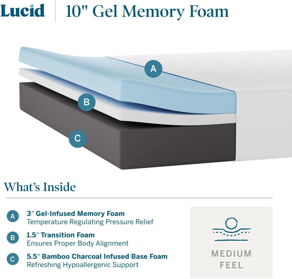 LUCID 10 Inch Memory Foam Mattress - Medium Feel - Infused with Bamboo Charcoal and Gel - Bed in a Box - Temperature Regulating - Pressure Relief - Breathable - Twin XL Size · v2