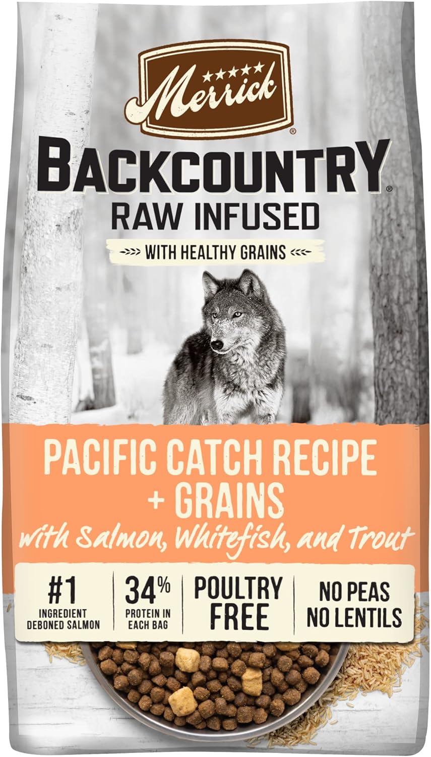 Nourriture sèche infusée Merrick Backcountry pour chiens Pacific Catch, recette à base de céréales saines et lyophilisée pour chiens, sac de 20 livres