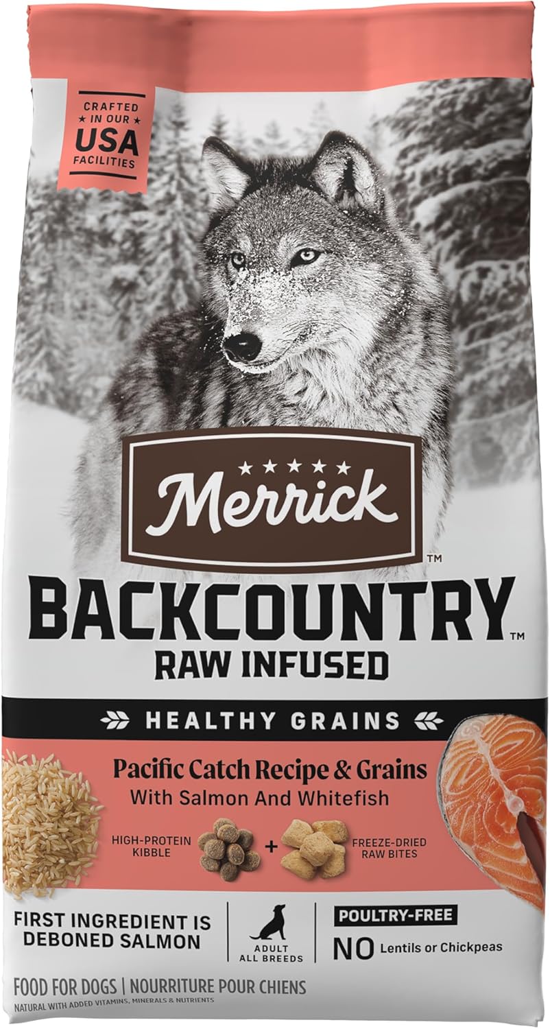 Merrick Backcountry Healthy Grains Premium Dog Food Kibble with Freeze Dried Raw Pieces, Pacific Catch Recipe - 4.0 lb. Bag