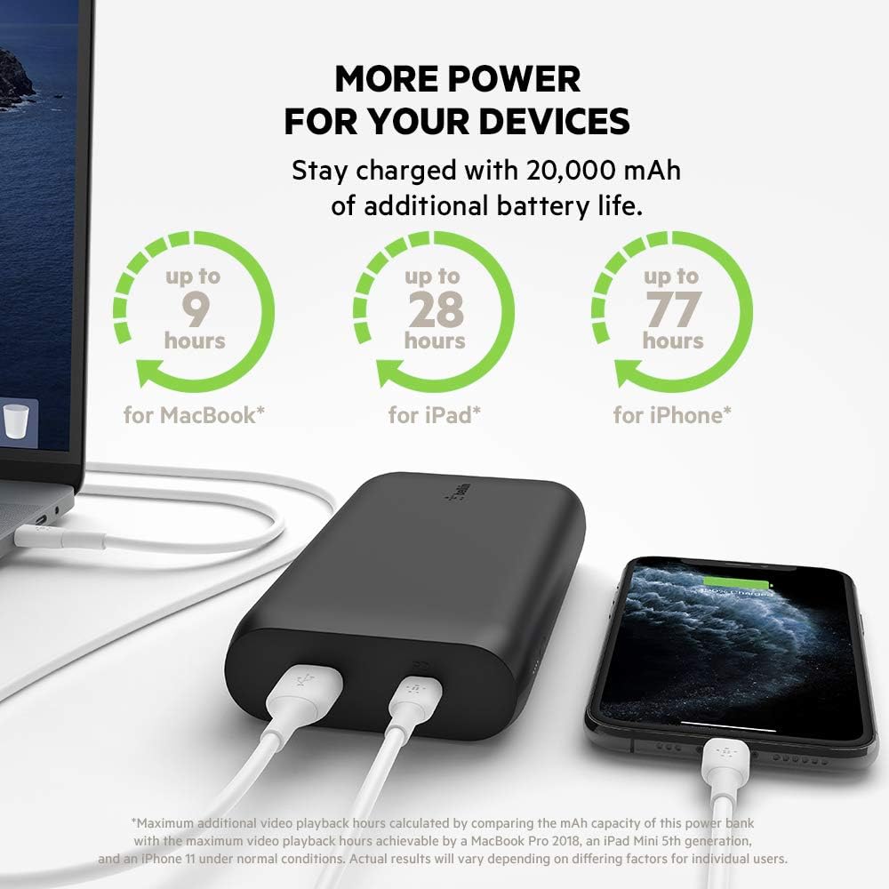 Power Bank Belkin BoostCharge USB-C PD da 20k mAh, caricabatterie portatile per iPhone, caricabatterie per Apple iPhone, iPad Pro, Samsung Galaxy, altro con cavo USB-C incluso - nero