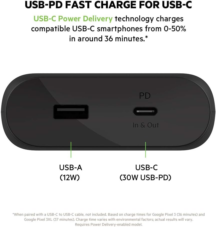 Power Bank Belkin BoostCharge USB-C PD da 20k mAh, caricabatterie portatile per iPhone, caricabatterie per Apple iPhone, iPad Pro, Samsung Galaxy, altro con cavo USB-C incluso - nero