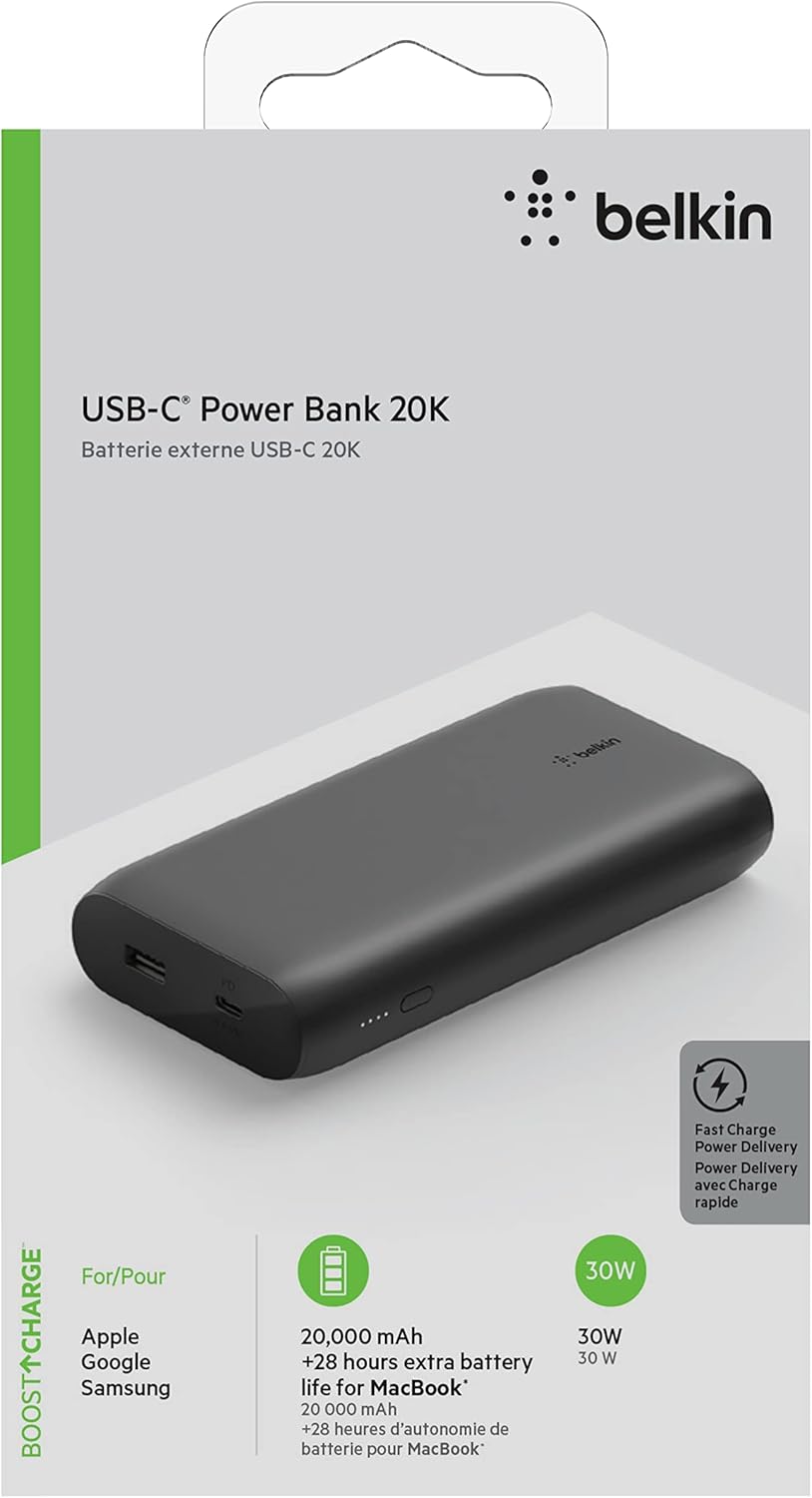 Power Bank Belkin BoostCharge USB-C PD da 20k mAh, caricabatterie portatile per iPhone, caricabatterie per Apple iPhone, iPad Pro, Samsung Galaxy, altro con cavo USB-C incluso - nero